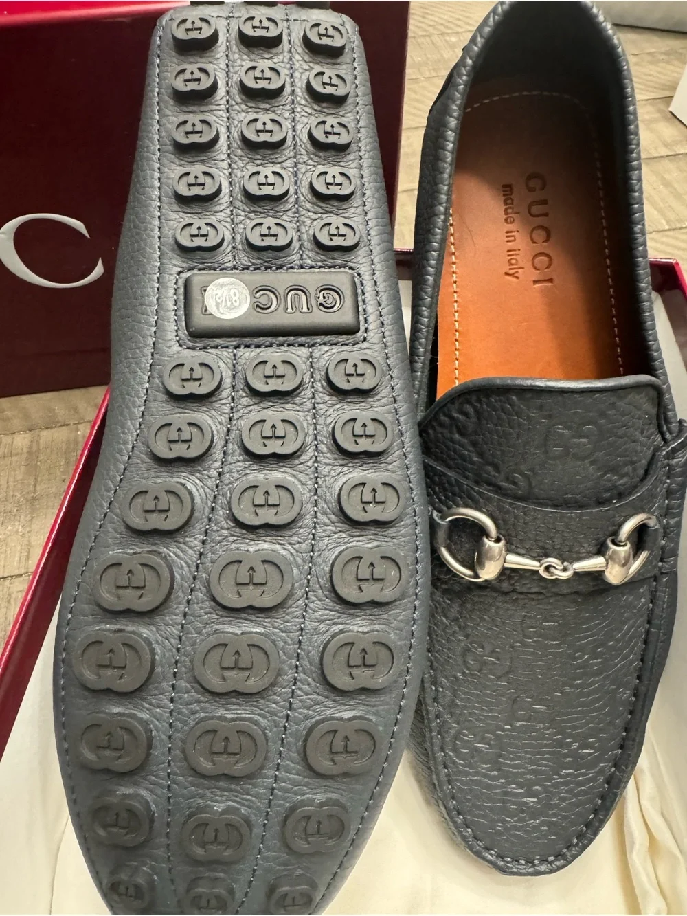 Gucci Blue  Pebbled Leather Horsebit Loafers